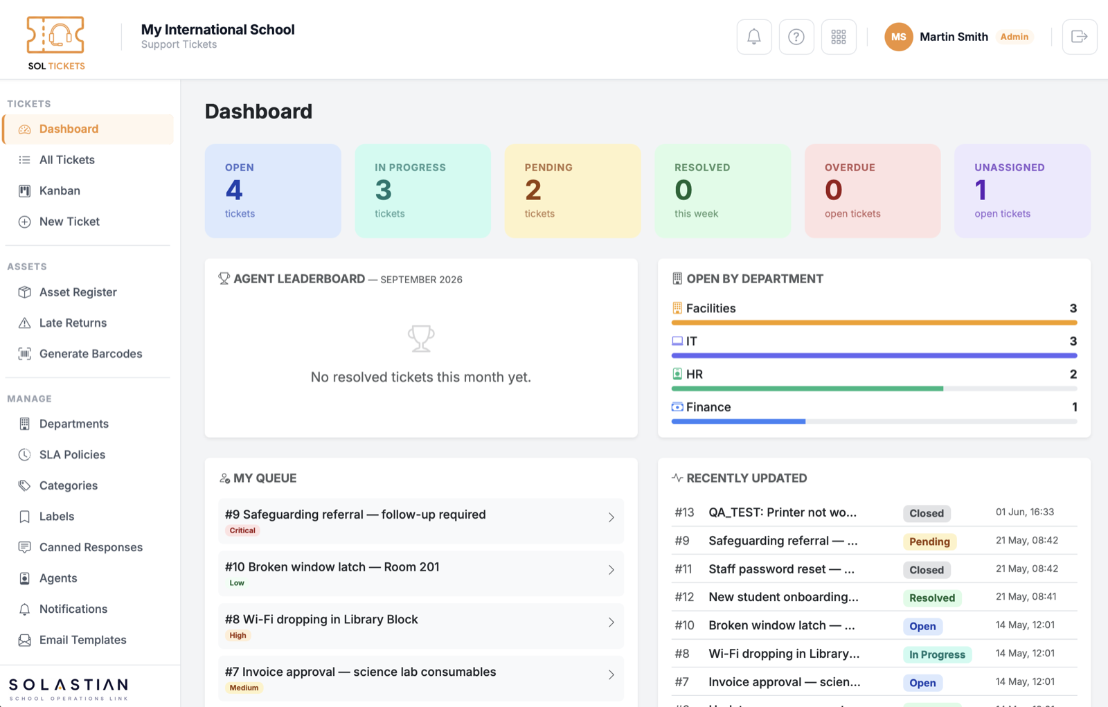 SOL Tickets helpdesk dashboard