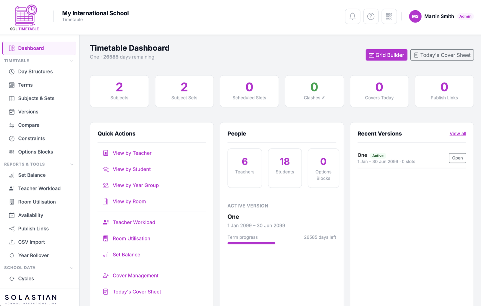 SOL Timetable dashboard screen