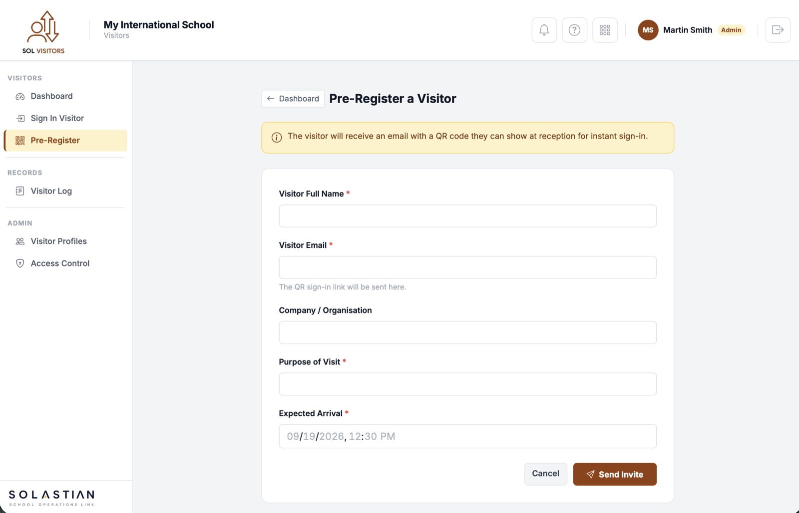 SOL Visitors pre-registration screen