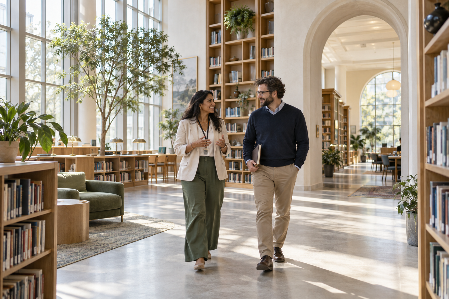 School staff talking in a bright library
